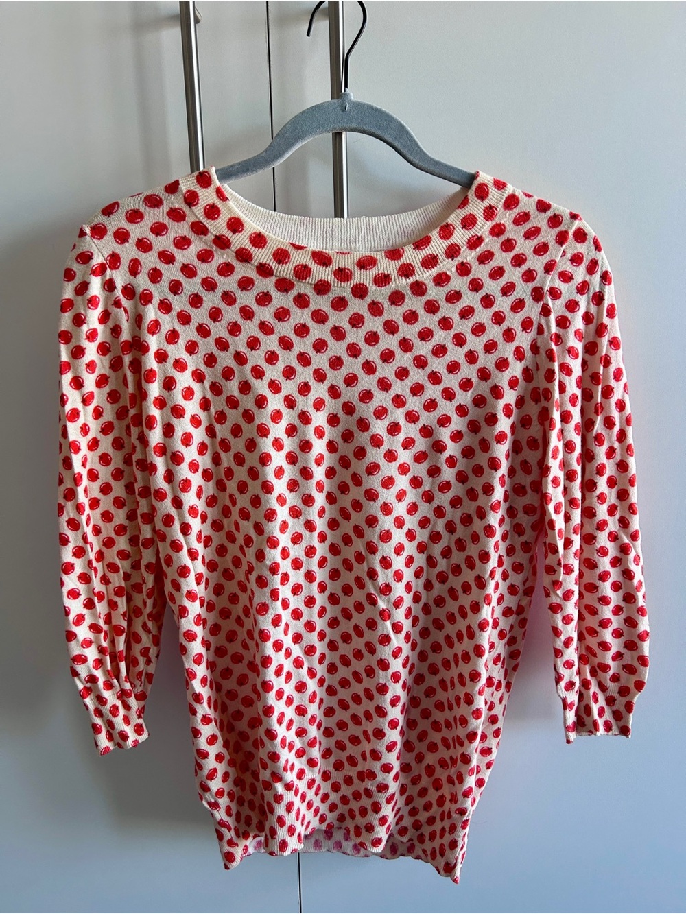 J. Crew Cream and Red Cherry Dotted lightweight Crewneck Sweater